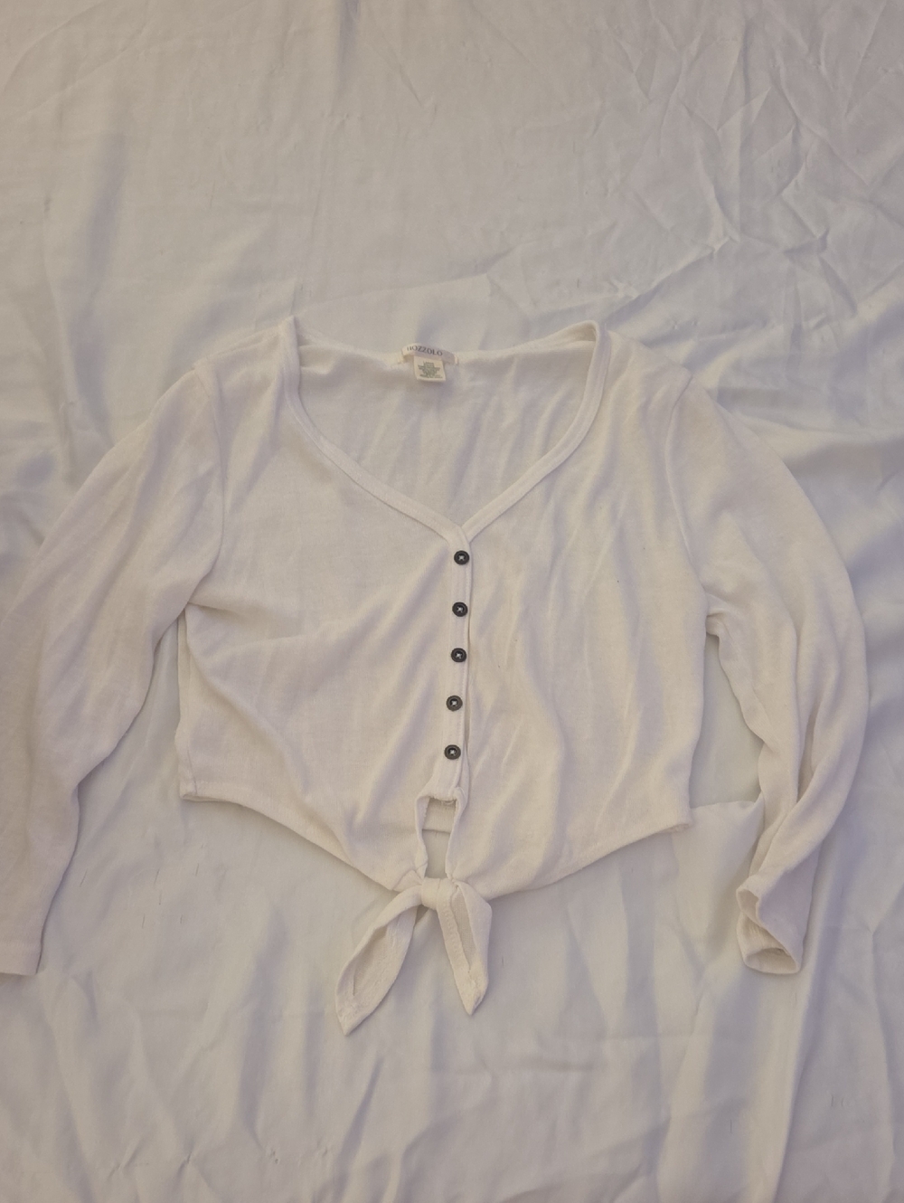Bozzolo Ivory Tie-Front Button Crop Top